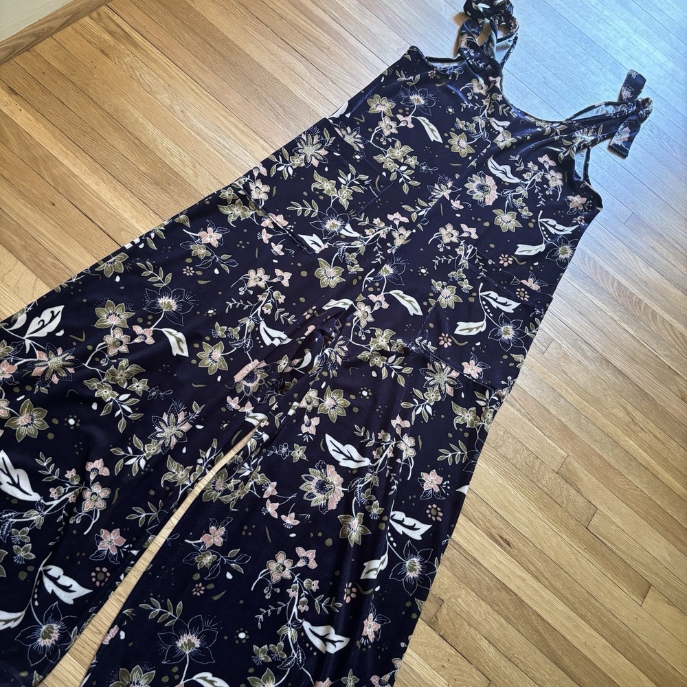 Earthbound Velvet Floral Sleeveless Wide Leg Jumpsuit Blue L Boho Cottagecore